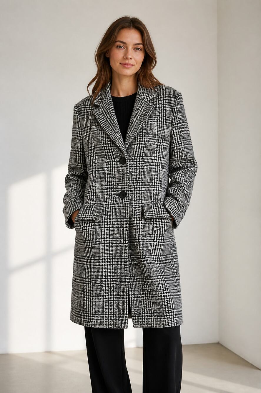 Sandro Women's Black White Plaid Wool Blend Long Coat Size 40